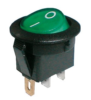 Prepínač kolískový okrúhly pros.  2pol./3pin  ON-OFF 250V/6A zelený