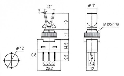 Prepínač páčkový   2pol./3pin  ON-OFF 12VDC prosv. žltý